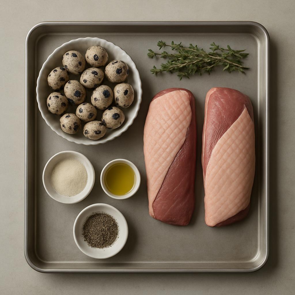 A tray with seasonings and ingredients for cooking duck, including rosemary, quail eggs, and small bowls of ingredients su...